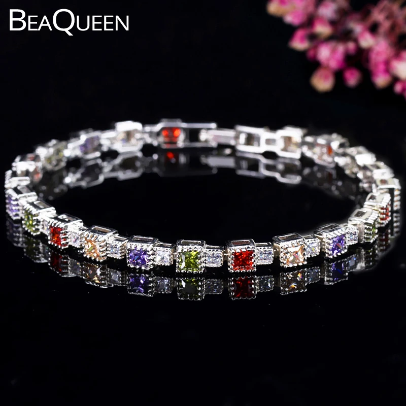 BeaQueen Newest Green Purple Red Champagne Multicolor Square Cubic Zircon Crystal Tennis Bracelet for Ladies Jewelry Gift B106