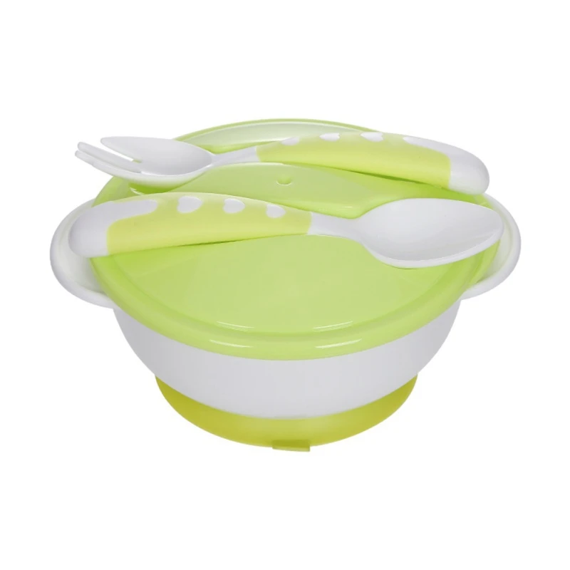 3Pcs Baby Anti-slip Double Ear Sucker Bowl With Lid With Spoon Fork Baby Training Bowl Infant Food Supplement Tableware BPA Free