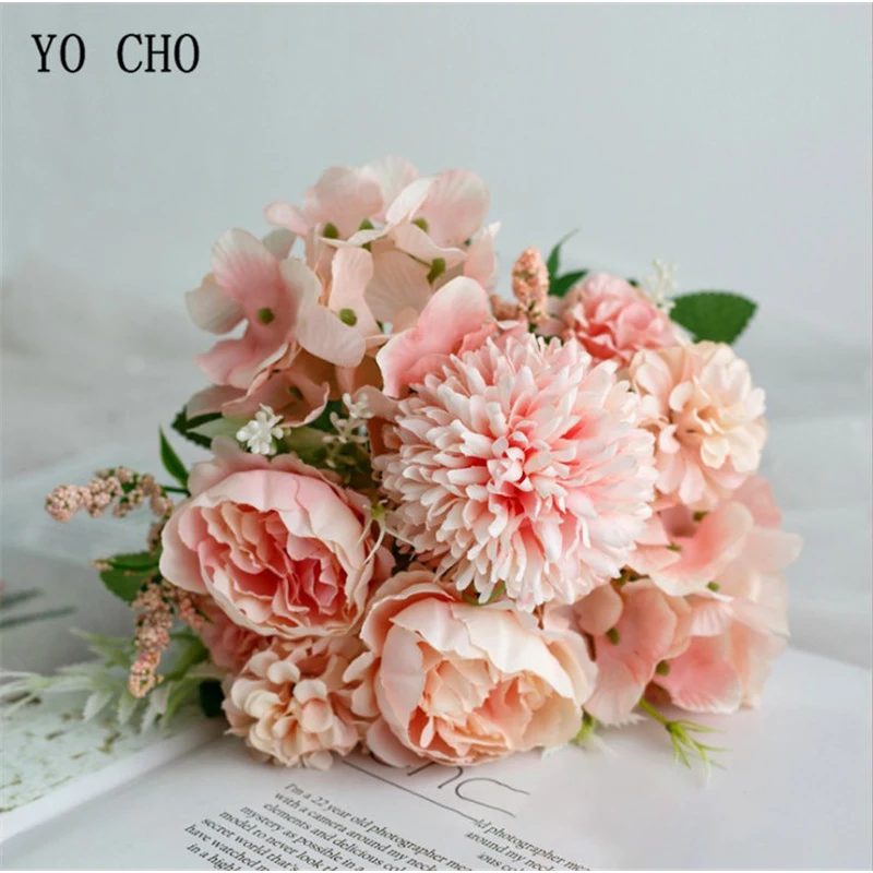 YO CHO Big Roses Hydrangea Artificial Flowers for Wedding Bouquet Home Decoration Rose Silk Bouquet Fake Flowers Head Plast Stem