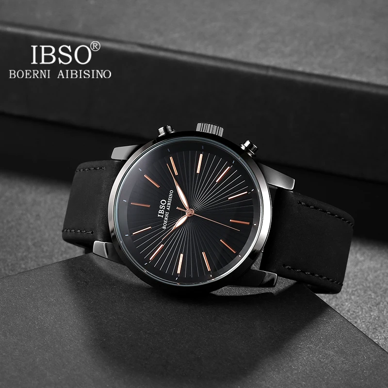 IBSO Men Business Quartz Wristwatch Watches New Leather Strap Top Quality Sun Pattern Male Watch Luxury Clock Japanese Movement