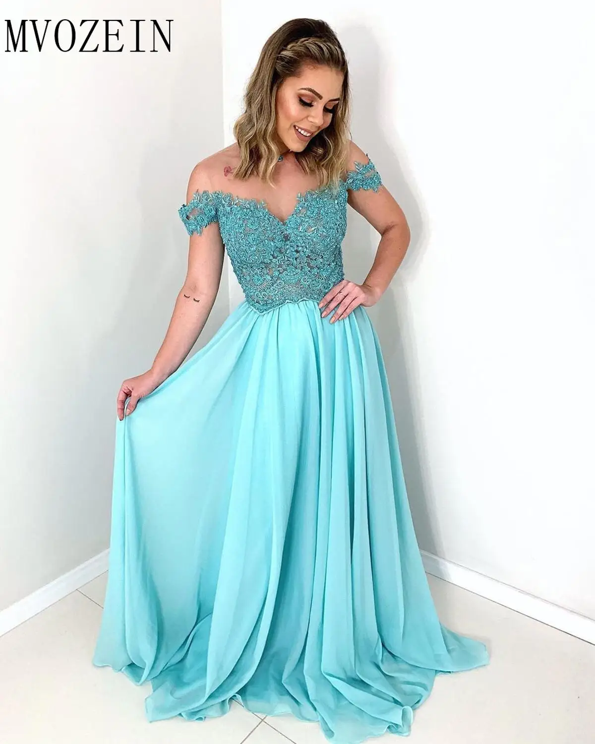 Mvozein Charming Evening Dresses Long Chiffon A-Line Boat Neckline Floor Length Party Gowns Evening Dress 2023 robe de soiree