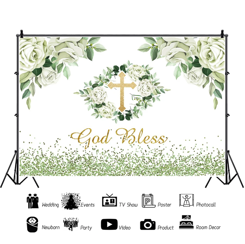 Laeacco God Bless การถ่ายภาพพื้นหลังดอกไม้ Cross สีเขียว Dot Palka ตกแต่งที่กำหนดเองฉากหลังสำหรับ Photo Studio Photozone