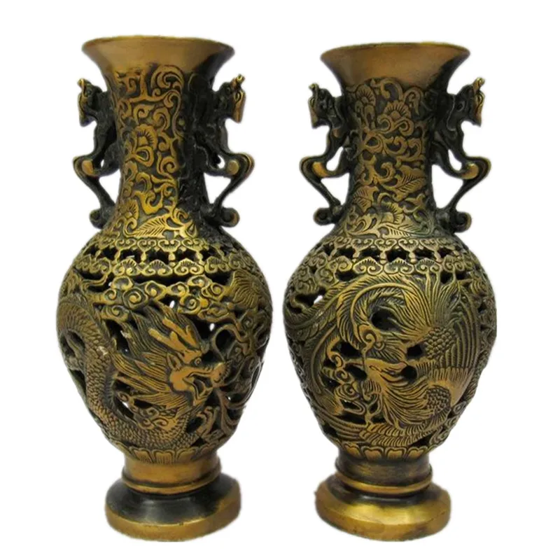 

MOEHOMES+pair of Free shipping Chinese Vintage Handwork Brass fengshui Dragon phoenix Vase vintage home decor metal handicraft