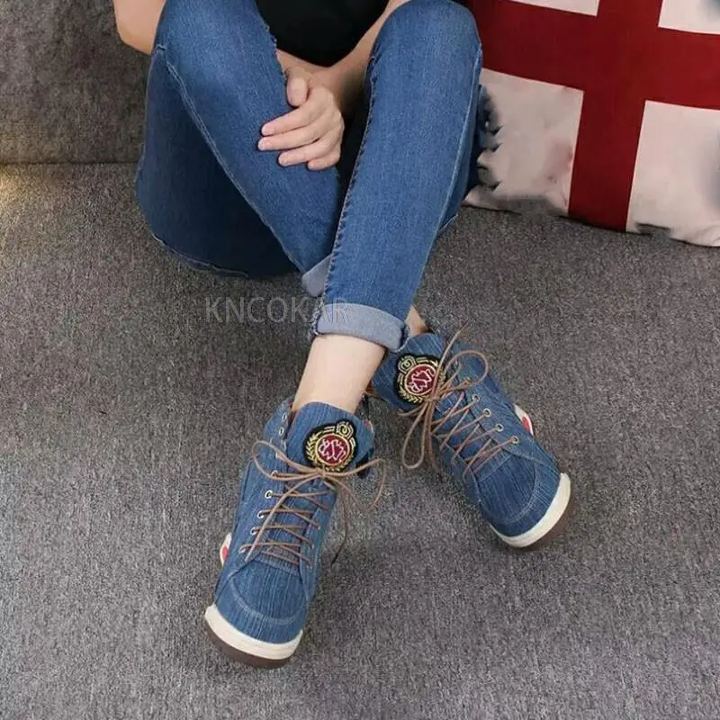 KNCOKA  Summer new style women comfortable wedge heel fashion simple denim canvas fish mouth open toe single shoe