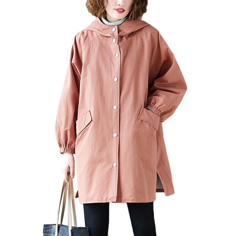 

Mid-long Women's Trench Coat New Spring Large Size Loose Hooded Overcoat Single-breasted Female Windbreakers Autumn Coats J117