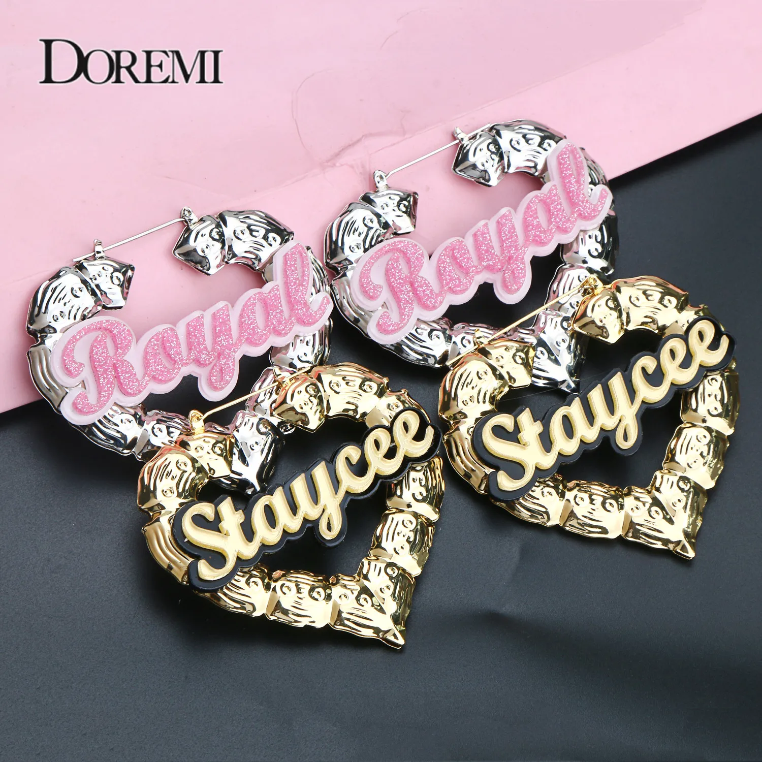 DOREMI Trendy Acrylic Custom Name Earrings Stainless Bamboo Hip Hop Round Earring Female Personality Color Acrylic Earrings Gift