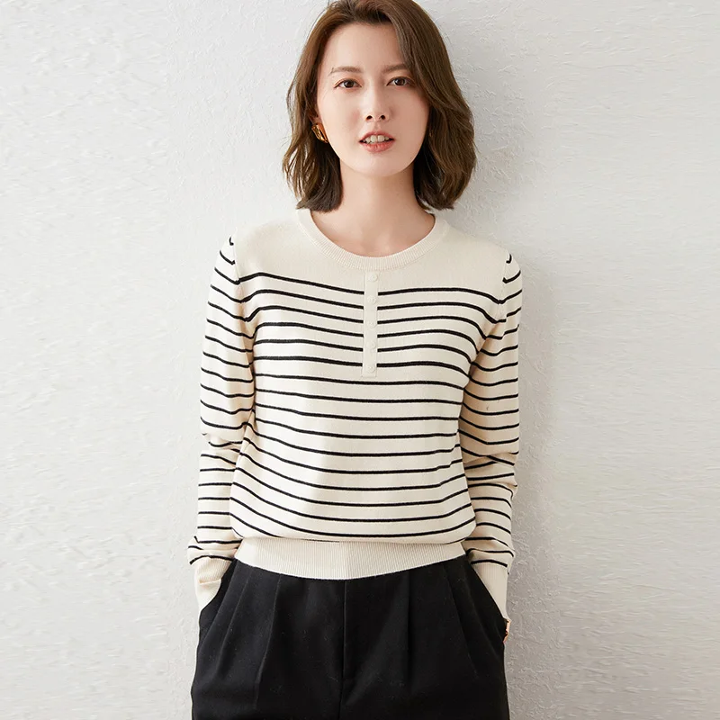 YSC Hot Sales Classic style Women\'s Knitted Cashmere Wool Sweater Black and white stripes Keep warm High-quality pullovers