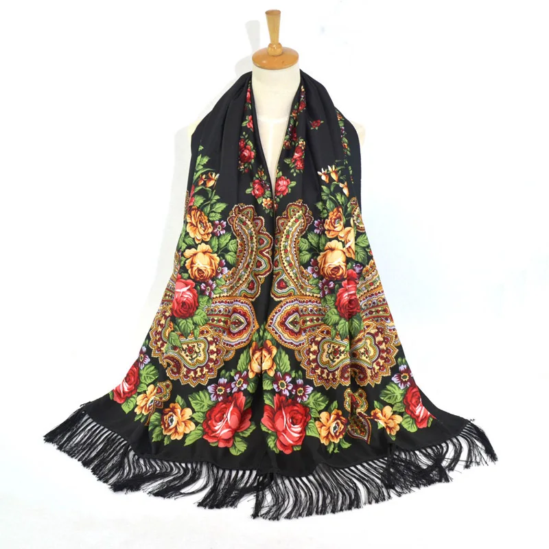 Women Scarf Winter Warm Shawl Female Russian Babushka Hijab Floral Pattern Dupatta Retro Ukrainian Polish Fringed Spain Scarves