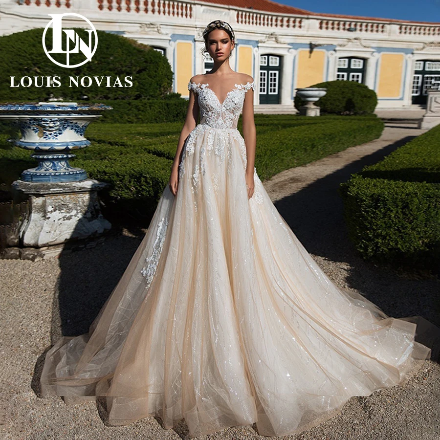 LOUIS NOVIAS Elegante Abito Da Sposa Al Largo Della Spalla Del Sesso In Rilievo di Alta Qualità Dell'innamorato Della Principessa Lucido Paillettes Abiti Da Sposa