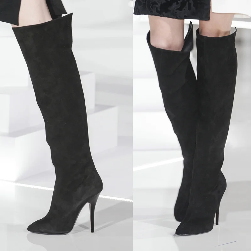 

2021 custom new fashion long stretch slim boots women high heels stiletto pointed toe leather over-the-knee boots catwalk Botas