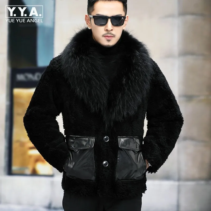 

Winter New Raccoon Fur Collar Outerwear Mens Short Slim Fit Casual Business Thicken Real Wool Coat High Quality Sheep Fur Jacket