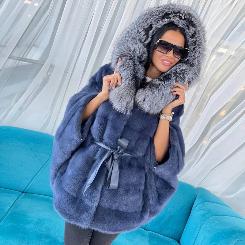 BFFUR Women's Real Fur Coat Winter Fashion Full Pelt Genuine Mink Fur Coat Big Silver Fox Fur Hood Stand Collar Mink Fur