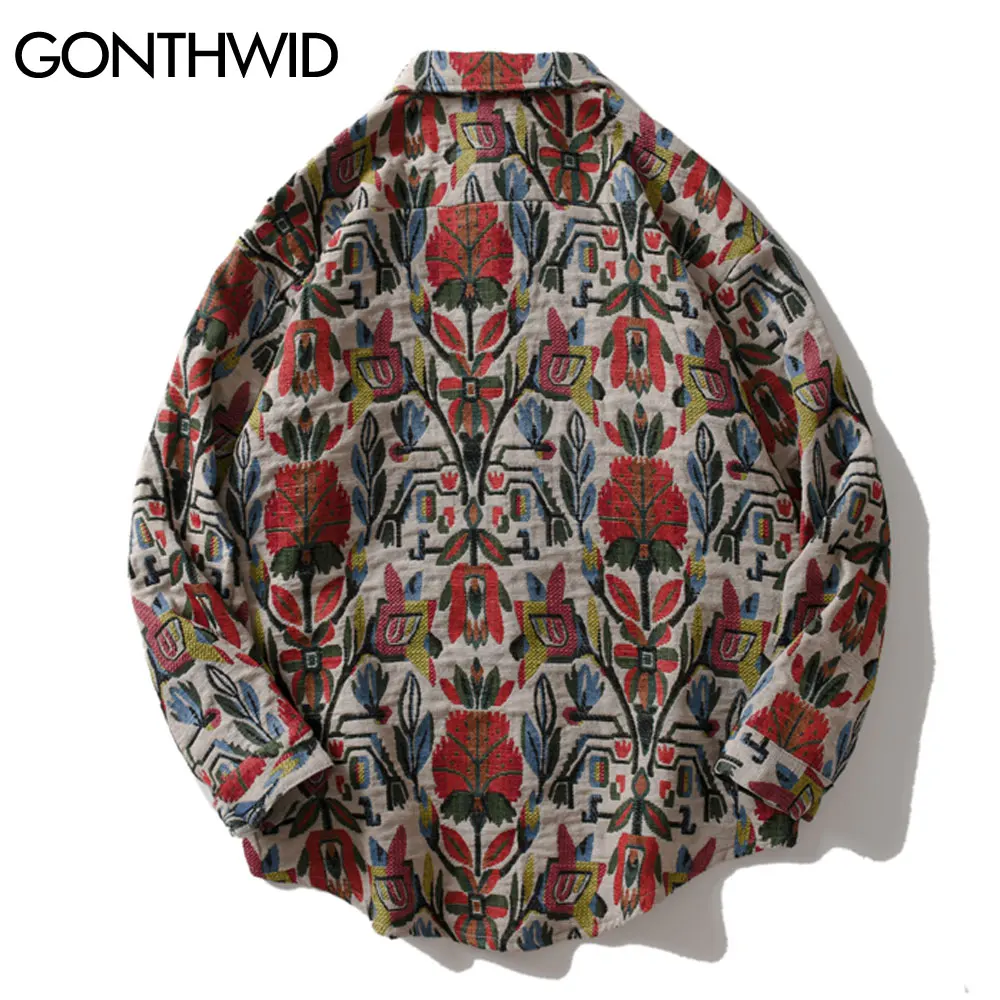 GONTHWID Southwestern Aztec Tribal Indian Button Shirts Streetwear Hip Hop Casual Flowers Patterned Long Sleeve Shirt Coats Tops