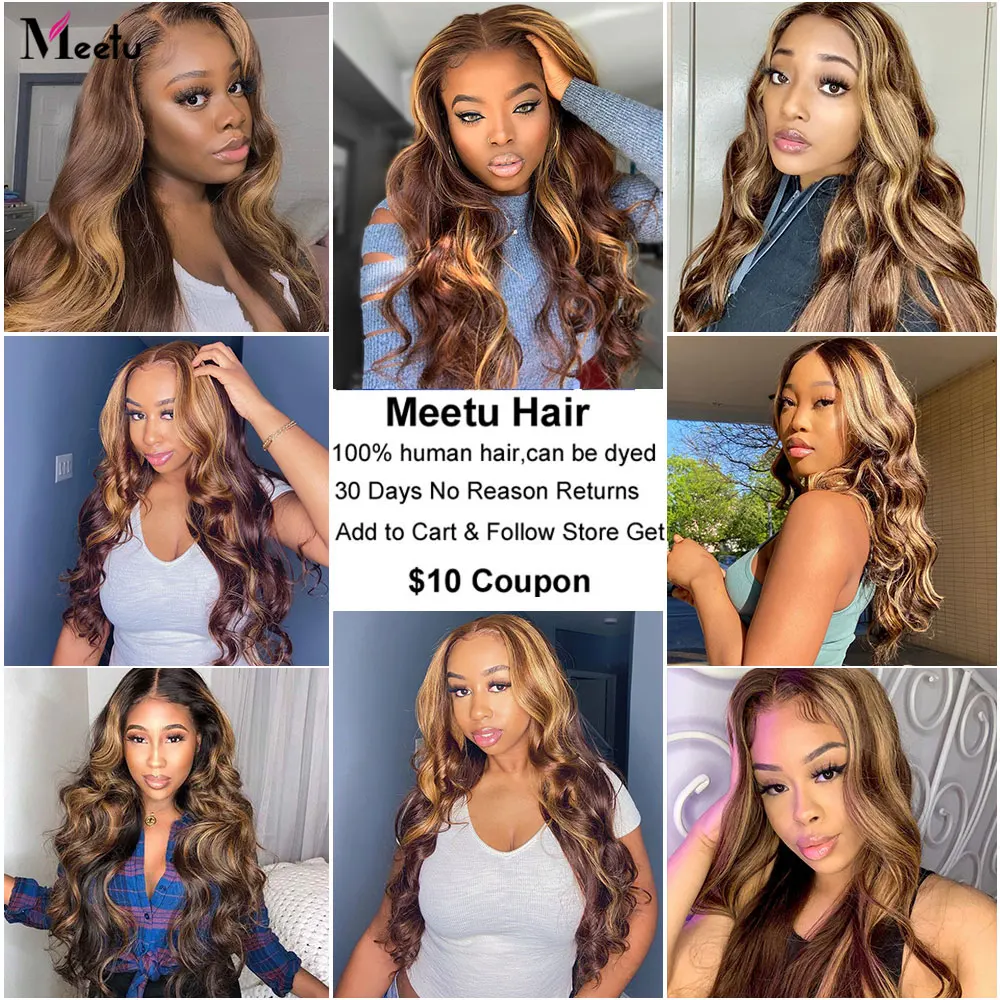 Meetu Highlight Body Wave Bundles Remy Brazilian Human Hair Bundles P4/27 Highlight Hair Ombre Piano Color Hair Extensions