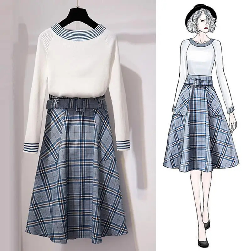 Plaid A-Line Skirt And Striped O-Neck Knitted Tops 2 Piece Set Women Korean Sashes Slim Fashion Long Sleeve Spring Autumn Suit