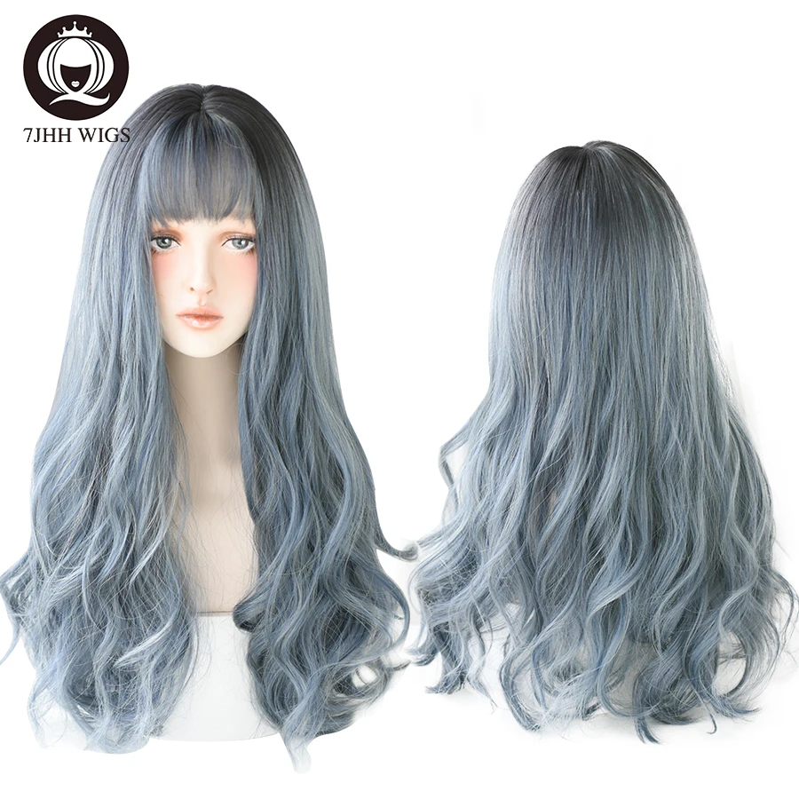 7JHH WIGS Long Omber Corche Hair Wigs with Bangs For Women Synthetic Soft Loose Light Blue Wig Beginner Friendly High Density