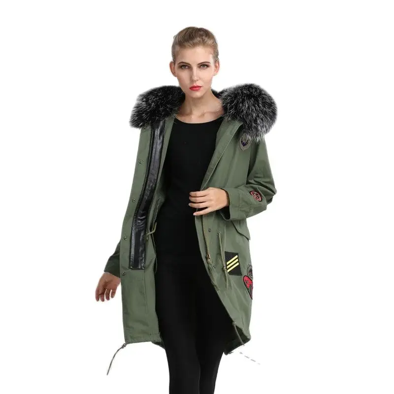 Fashion Women Winter Parka Long Style Army-green Color Real Raccoon Fur Collar Big Hoodies With Patch S-4XL