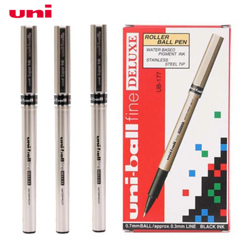 

12PCS Mitsubishi Uni-Ball Fine Deluxe UB-177 0.7mm Gen Ink Pen Rollerball Pen waterproof Black/Blue/Red Ink Color