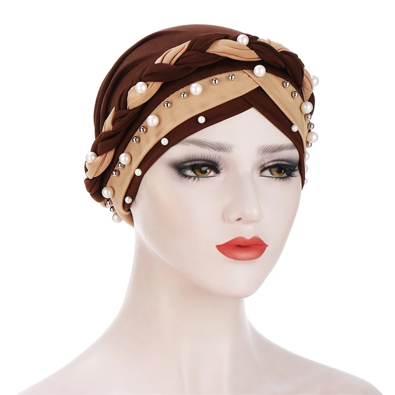 Handmade Braid Muslim Milk Silk Forehead Cross Beanie Caps Pearls Scarf Turban Headdress Head Wraps Bonnet for Women India Hat