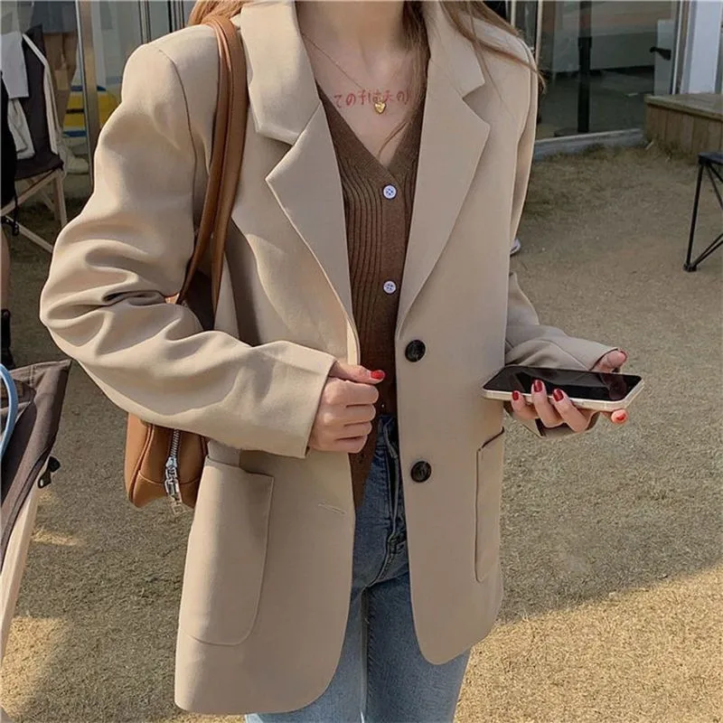 Single Breasted Female Suit Coat England Style Turn Down Collar Solid Color Women Blazer New Full Sleeve Tops With Pockets