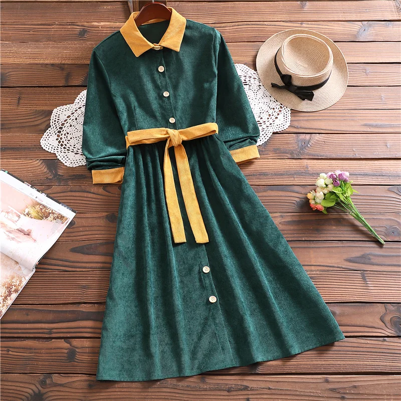 

Spring autumn elegant mori girl sweet vestidos new design long sleeve women corduroy dress