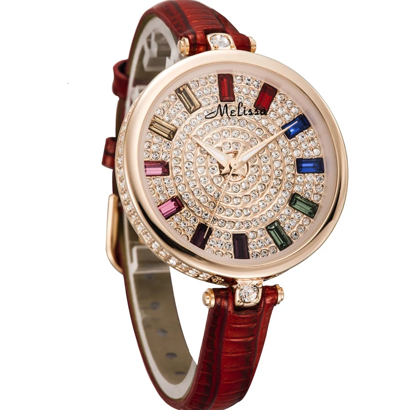 MELISSA Luxury Women's Watch Japan MIYOTA Quartz Movement Waterproof Leather Band Austria Crystal Rhinestone Ladies Clock 11407