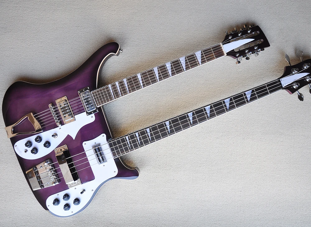 

Factory Outlet-Purple 12+4 Strings Double Necks Electric Guitar with White Binding,Rosewood Fretboard