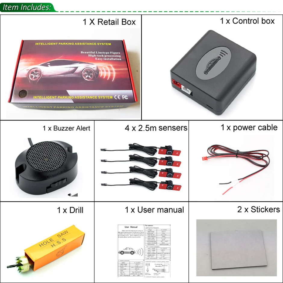 GreenYi assistente sensore di parcheggio per auto Parktronics 4 sensori piatti neri/argento/bianchi da 13mm Radar inverso suono cicalino allarme