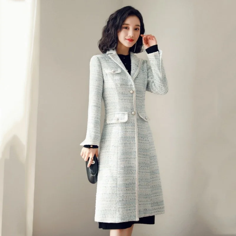 Middle Elegant Length Tweed Suit Coat Office Ladies Knitted Single Breasted Trench Women Slim Fit Vintage Windbreakers Overcoat