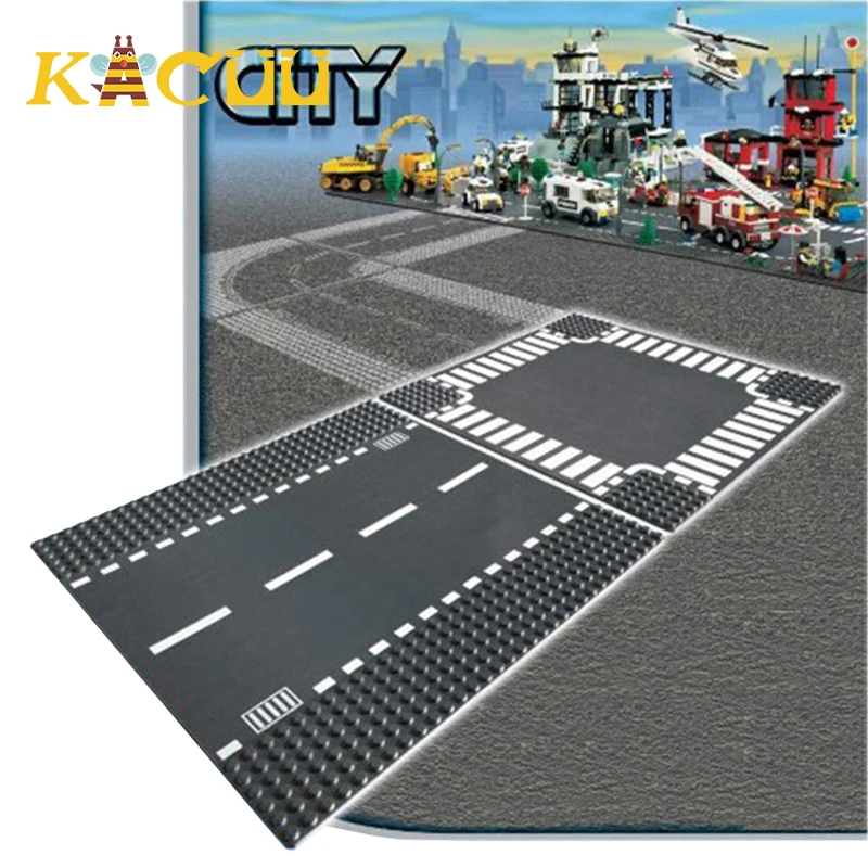 City Road Baseplate Straight Crossroad Stree Curve Baseboard Building Blocks Parts Bricks Sets Compatible Small Educational Bloc