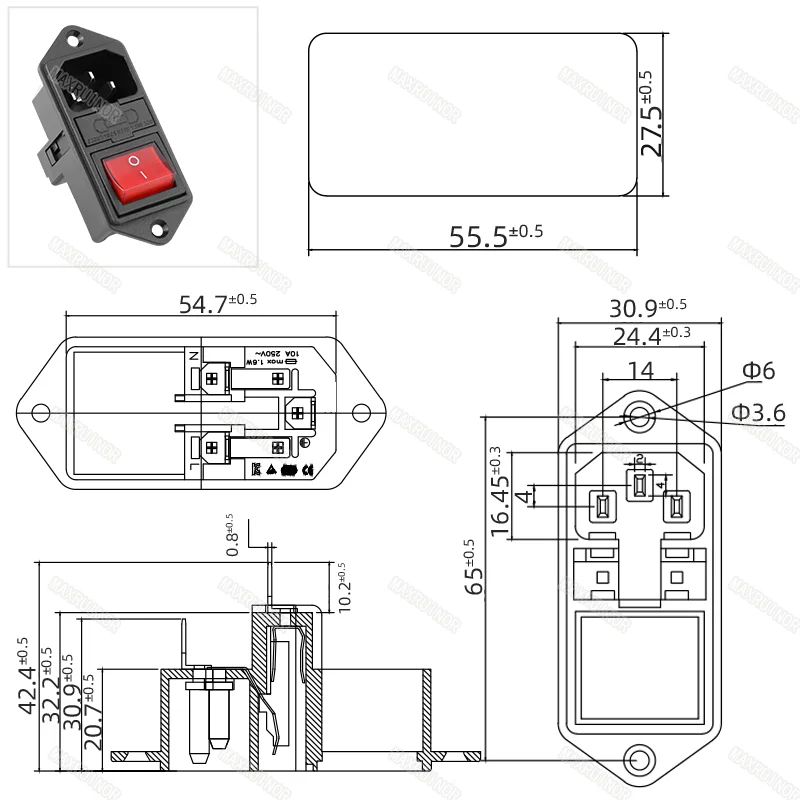 Interruttore a bilanciere con doppio fusibile presa ca rame pieno luce rossa 10A 250V 3pin nero verde rosso