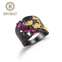 GEM'S BALLET  Natural Rhodolite Garnet Rings 925 Sterling Silver Handmade Humming Bee Flower Floral Garden Band Ring For Women