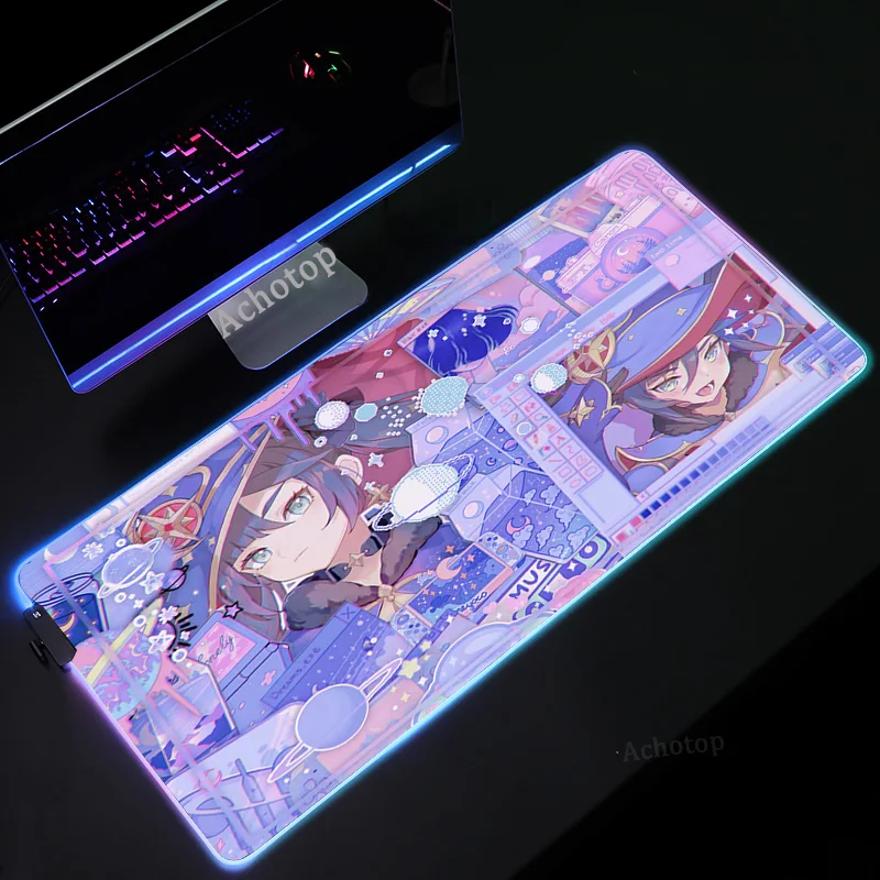 Genshin impacto anime mouse pad pc gamer rgb computador portátil led teclado tapete do rato xxl luminoso grande mousepad teclado tapete de mesa