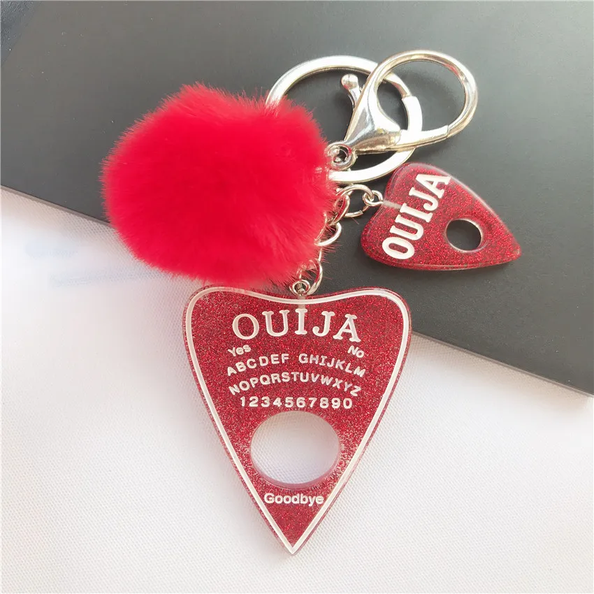 1PC Women Keychain Fashion Glitter Ouija Planchette Board Flatback Resin Charms Handbag Keyring with Puffer Ball