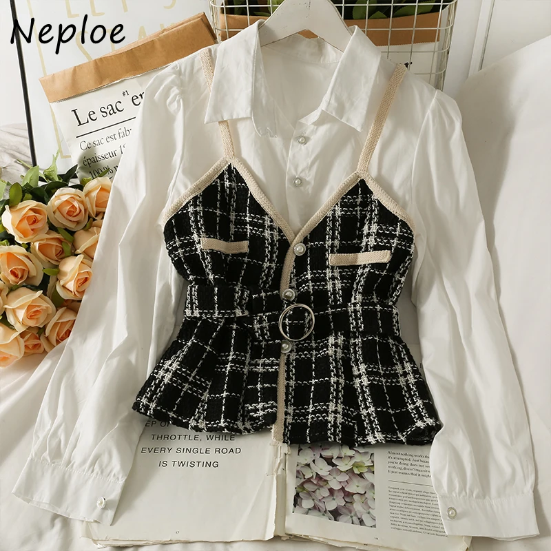 Neploe Contrast Color Patchwork Tweed Fake Two-piece Shirts Women Autumn New Belt Slim Waist Blouses Female Long-sleeve Shirt