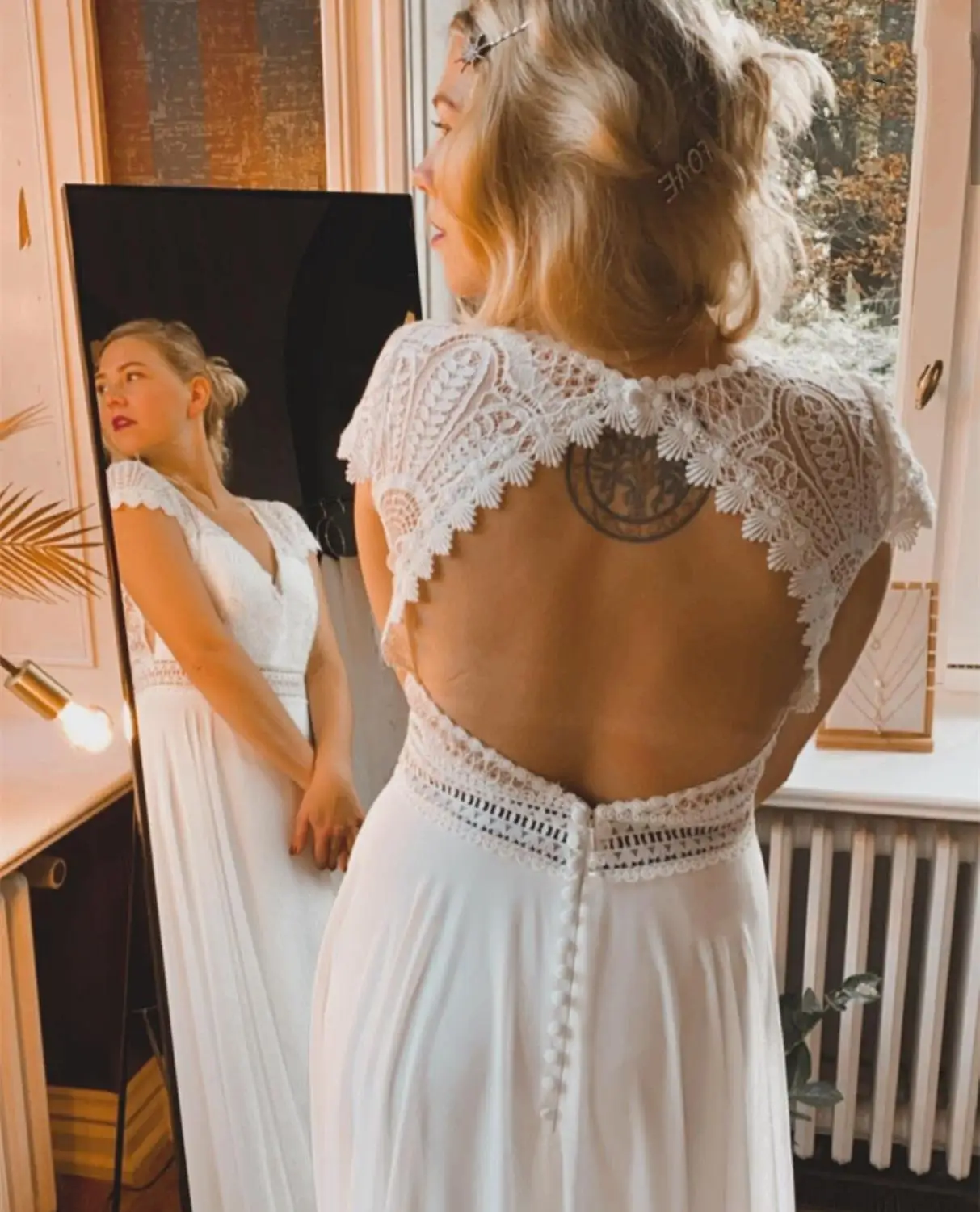 LSYX abito da sposa Boho profondo scollo a v lunghezza del pavimento Chiffon aperto indietro semplice spiaggia abiti da sposa corte treno splendido