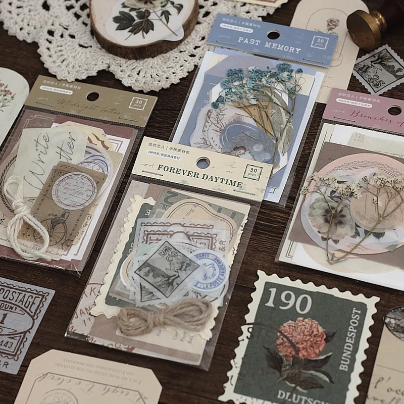 Journamm 30pcs Vintage Flowers Stamp style Deco for Stationery Scrapbooking Cards DIY Retro Stickers Kraft Materials Paper Set