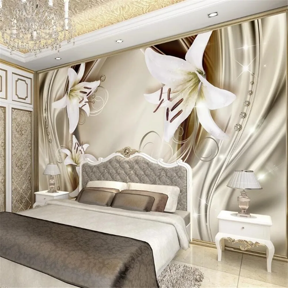 

Пользовательский 3D Настенный декор Milofi, Настенные обои, роскошный золотой цветок лилии, сатиновый Европейский 3D стерео ТВ фон для стены