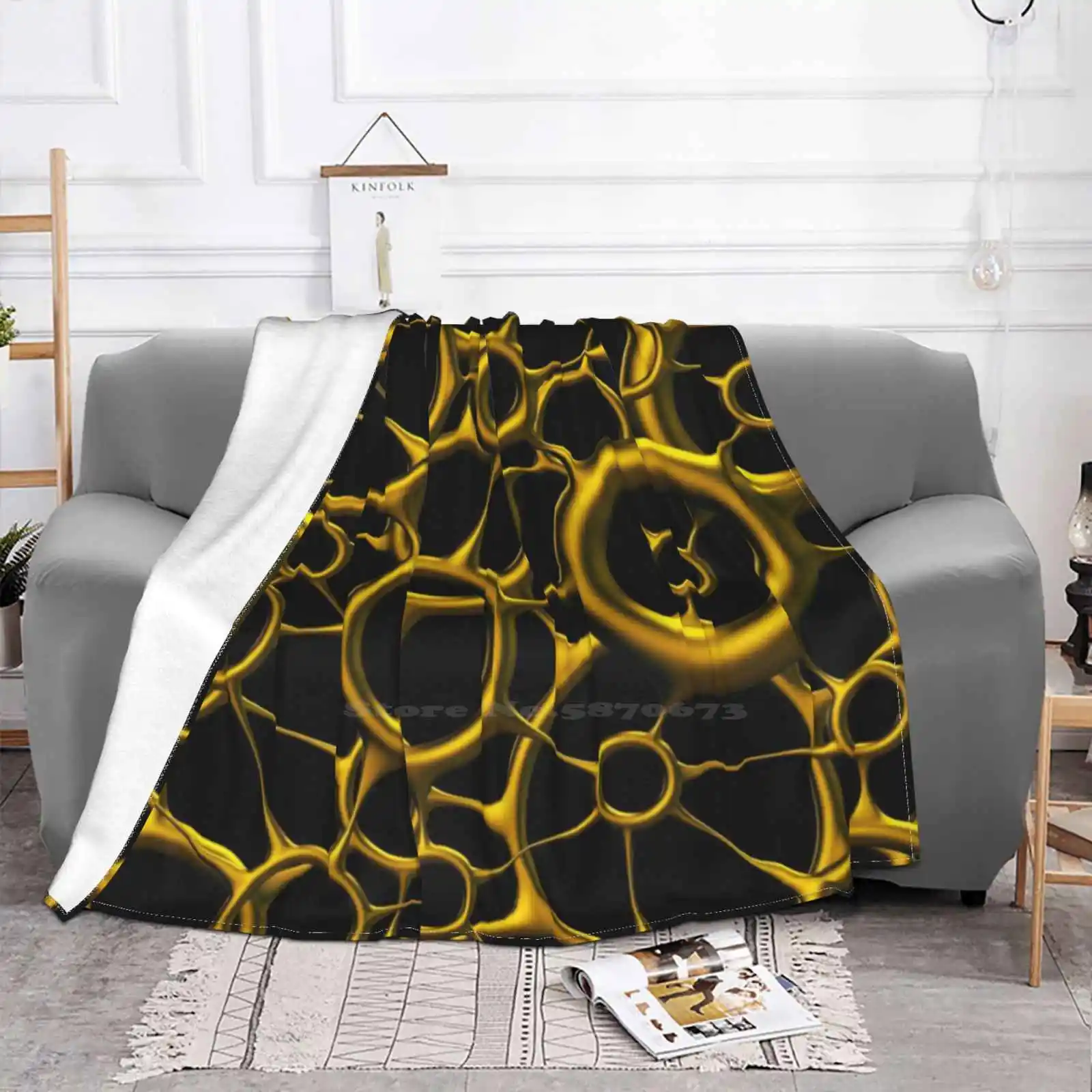 Golden Net Structure Pattern Four Seasons Comfortable Warm Soft Throw Blanket 3D Abstract Net Endless Futuristic Graphic Mesh