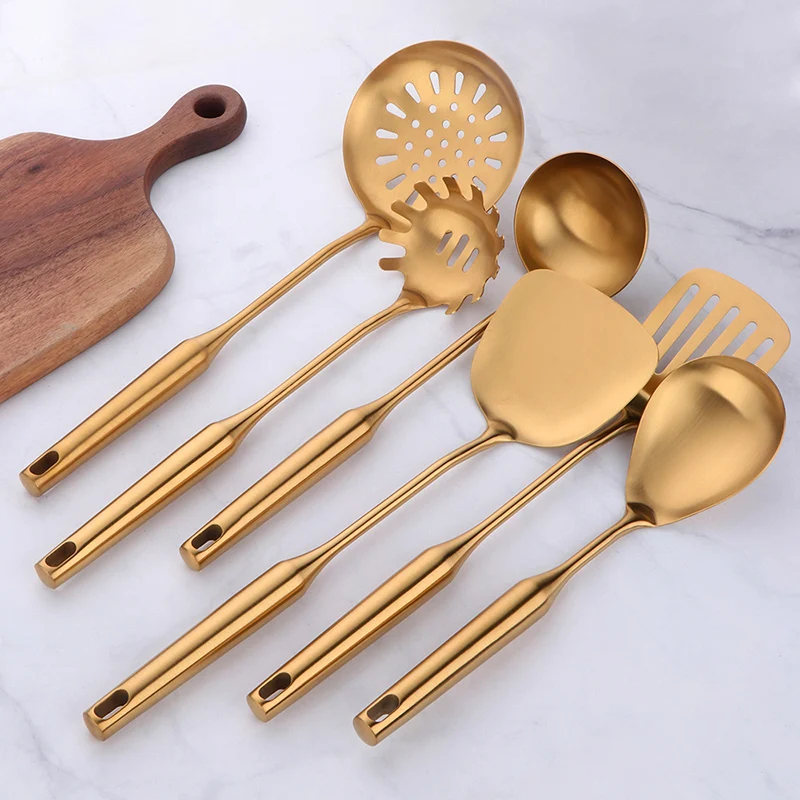 1PCS Stainless Steel Gold Cooking Tools Anti-Slip Handle Kitchen Utensils Set Turner Ladle Spoon Home Restaurant Accessories