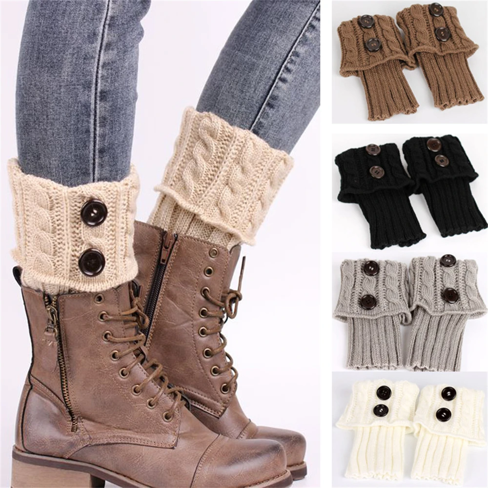 Women's Short Knitted Woolen Socks Middle Tube Jacquard Foot Warmers Leg Warmers Knee Pads Warm Foot Buttons Clothing Decorate