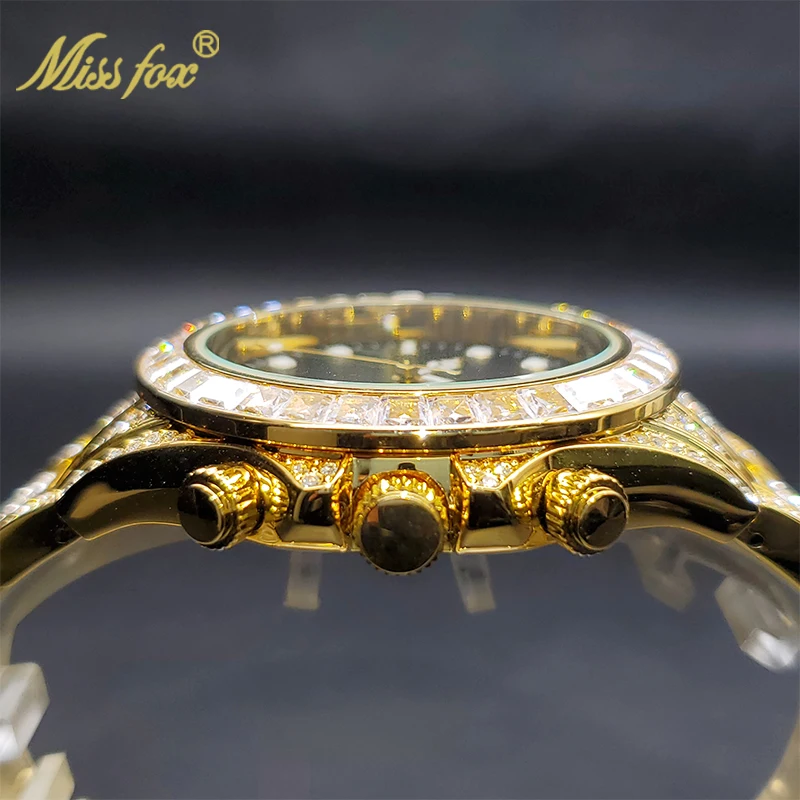 MISSFOX Gold Watch For Men Big Baguette Bezel Black Face Luxury Watches Luminous Ice Out Hip Hop Street Style Orologio New In