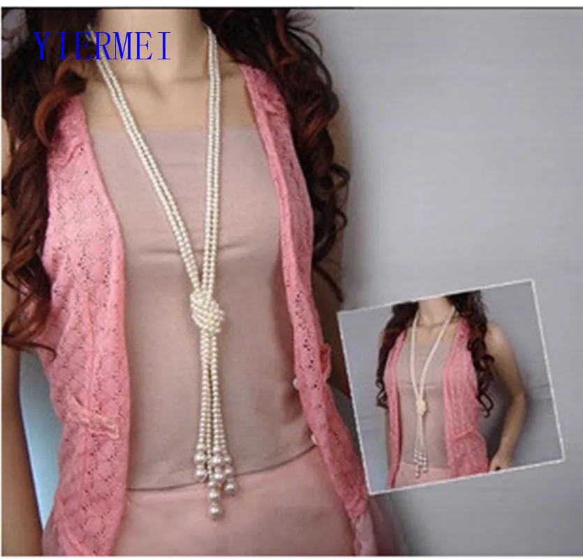 Classic double knot imitation pearl tassel long necklace long knotted tassel necklace female fashion sweater costume jewelry gif