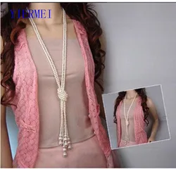 Classic double knot imitation pearl tassel long necklace long knotted tassel necklace female fashion sweater costume jewelry gif
