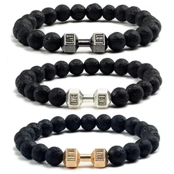 Hohe Qualität Männer Perlen Armband Natürliche Schwarz Lava Stein Hantel Charme Armbänder Energie Fitness Barbell Mode Frauen Schmuck