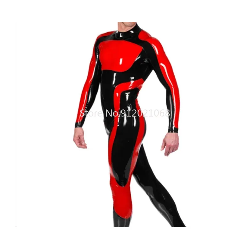 

Handmade Men's Rubber Catsuit Tights Black and Red Latex Bodysuit with Back Zipper Cosplay Costume