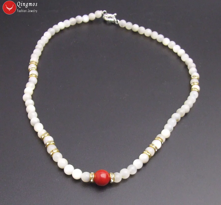 Qingmos Fashion Natural 10mm Round Red Coral Pendant Necklace for Women with 6mm White Shell Beads 18\