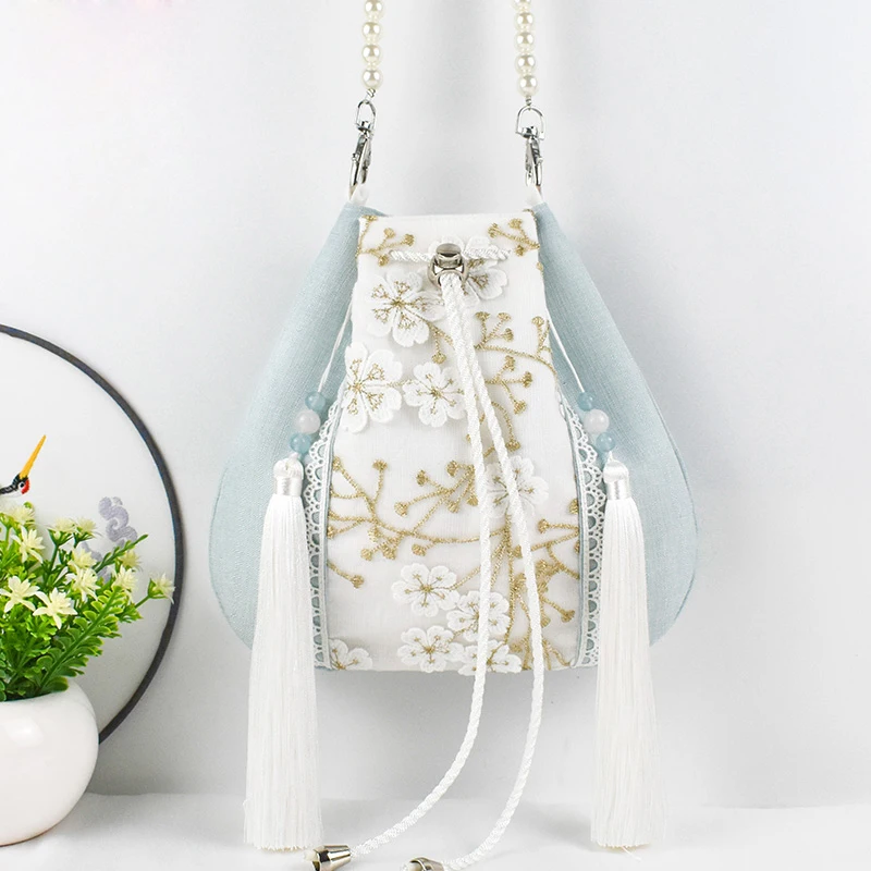 Antique Hanfu Accessories Messenger Bag Chinese Style Cospaly Fairy Cotton Handbag Lace Tassel Embroidered Shoulder Bags ZL960