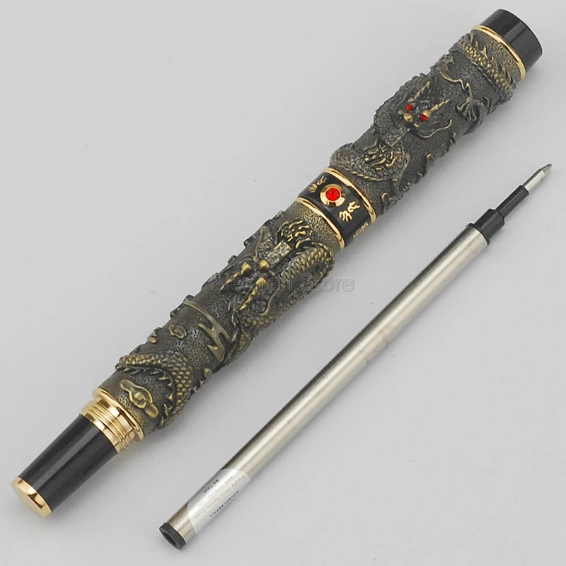 

Jinhao Vintage Rollerball Pen Double Dragon Playing Pearl Metal Carving Embossing Heavy Pen Bronze For Writing Gadget