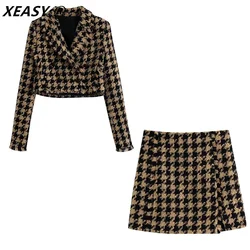 XEASY 2021 Tweed Two pieces set Women Yellow Vintage V Neck Long Sleeve Office Lady slim Blazer Coat Female Hight Waist ​skirt s